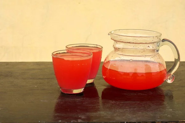 Water Melon Juice Poured Pitcher Two Glasses Healthy Red Water — Fotografia de Stock