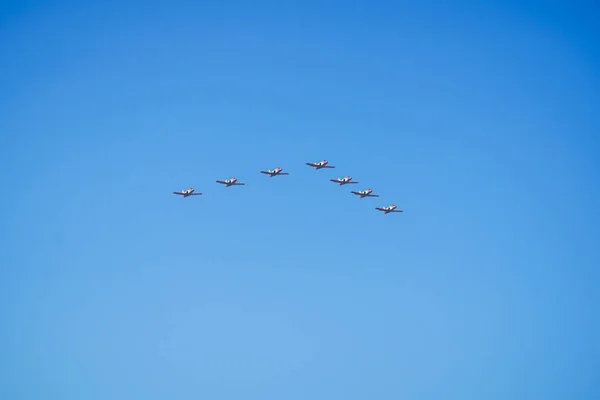 Madrid Espanha Outubro 2021 Imagens Aviões Helicópteros Formação Pelo Desfile — Fotografia de Stock