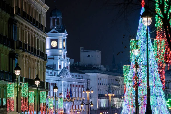 Kerstmis Puerta Del Sol Stad Madrid Klok Waar Druiven Worden — Stockfoto