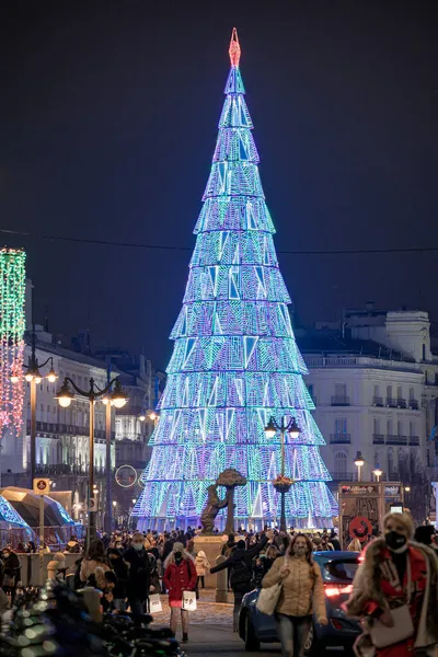 Kerstmis Puerta Del Sol Stad Madrid Met Verlichting Typische Decoratie — Stockfoto