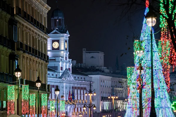 Christmas Puerta Del Sol City Madrid Lighting Typical Decoration Clock — Stockfoto