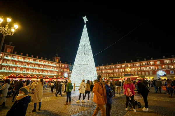 Kerstboom Nachts Verlicht Plaza Mayor Van Stad Madrid — Stockfoto