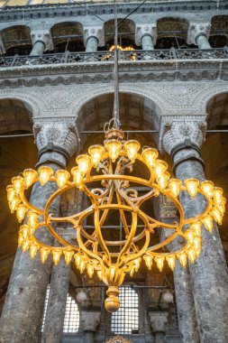 Lamps and Interior of the Hagia Sophia Mosque in the city of Istanbul in Turkey