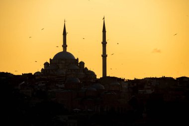 Fatih Mosque during sunset from the Galata Bridge, in the city of Istanbul in Turkey