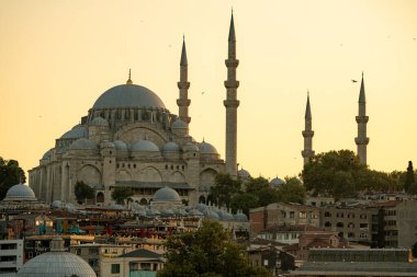 Suleiman Mosque during sunset from the Galata Bridge, in the city of Istanbul in Turkey