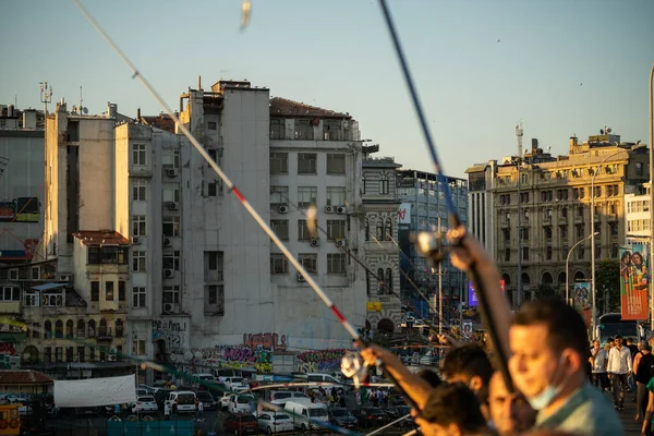 Fishermen Fishing Rods Galata Bridge Istanbul Turkey — стоковое фото