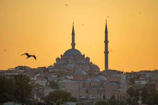 土耳其伊斯坦布尔市Galata桥日落时的法蒂赫清真寺 — 图库照片
