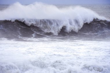 Büyük dalgalar, bulutlu bir günde yeşilimsi mavi renkle denize çarpıyor.
