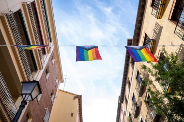 Madrid 'in Chueca semtinin sokakları LGBTİ vesilesiyle gökkuşağı bayraklarıyla süslenir ve güneşli bir yaz gününde eşcinsellerin gurur haftası yaşanır.