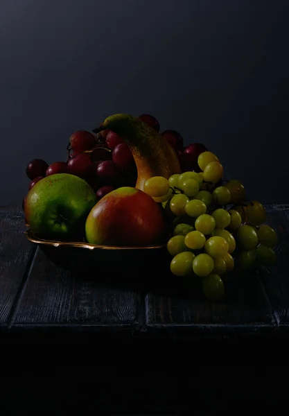 Fruit Still Life Grapes Apples Pears Antique Copper Bowl Dark — Stockfoto