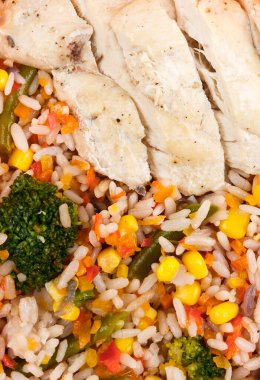 Rice with chicken food for lunch or dinner healthy food closeup top view background