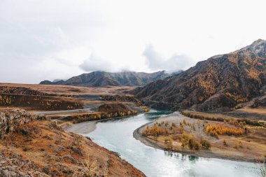 Mountain river surrounded by high rocks in Altai in autumn