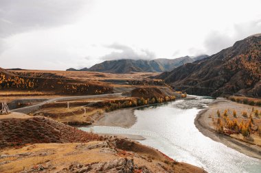 Mountain river surrounded by high rocks in Altai in autumn