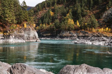 Mountain river surrounded by high rocks in Altai in autumn