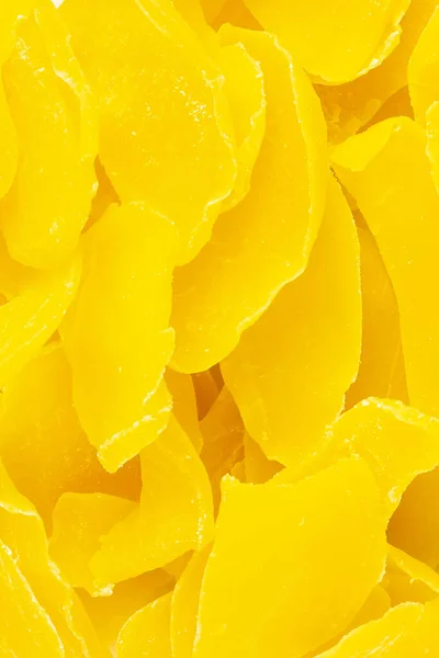 Dried Yellow Mangoes Proper Nutrition Scattering Closeup Top View Background — Zdjęcie stockowe