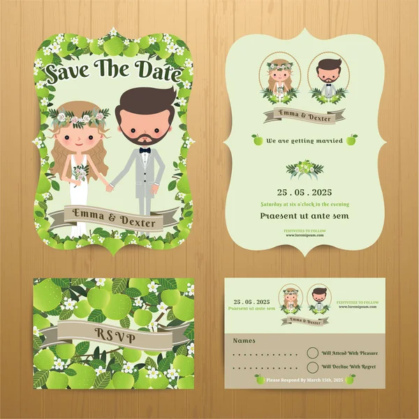 Apple Thema Hochzeitspaar Braut Und Bräutigam Bohemian Summer Style Speichern — Stockvektor