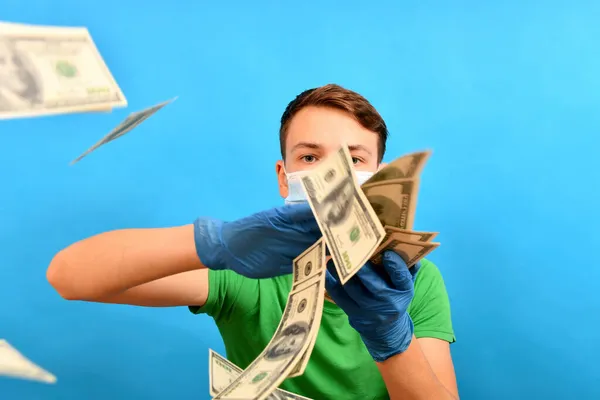 Masked Teen Throwing Dollars Earned Covid — Stock Photo, Image