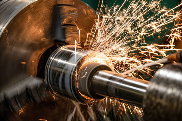 The abrasive wheel removes the excess metal layer, sparks fly to the sides.