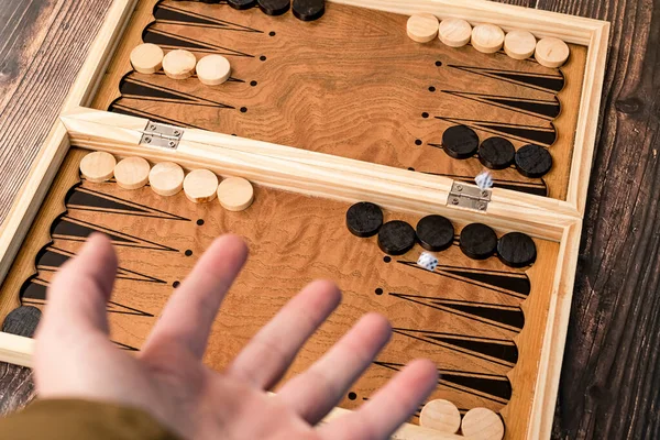 Boy Threw Two Dice Backgammon Board — Stok Foto
