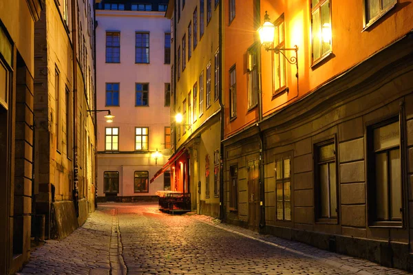 Rua Vazia Sem Pessoas Cidade Velha Estocolmo Noite — Fotografia de Stock