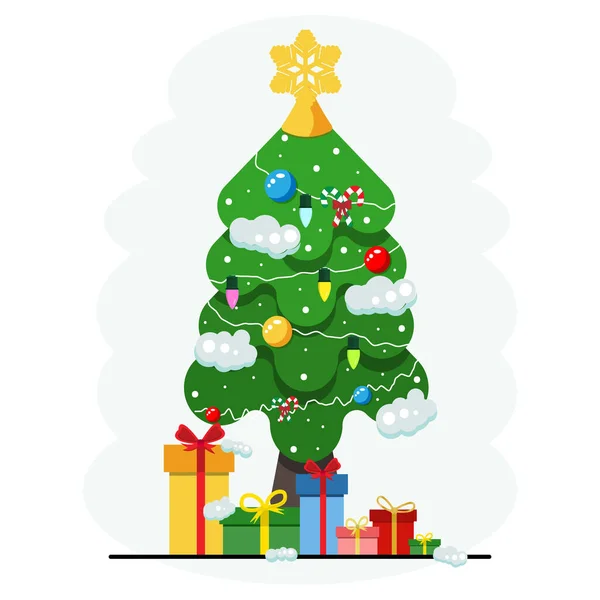 Hediye kutuları, kar, kar tanesi, şekerleme, ışık ve renkli balo süslemeleri olan Noel Ağacı. Mutlu Noeller ve mutlu yıllar. Beyaz Arka plan 'da izole edilmiş. Düz biçim vektör illüstrasyonu.