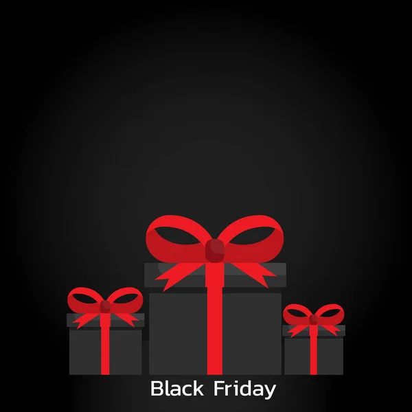 Kırmızı kurdeleli hediye kutusu ve siyah arka planda fotokopi alanı olan kurdele. Kara Cuma Satış Festivali Şablonu. Banner Alışveriş, tanıtım, indirim için tasarım. Vektör illüstrasyonu