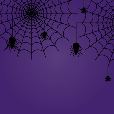 Örümcek Ağı 'ndan asılı Örümcek Ağı' nın olduğu Cadılar Bayramı afişi mavi menekşe arkaplanında gece bulutları ve metin için mekanı kopyala. kağıt kesiği stili. Vektör illüstrasyonu.
