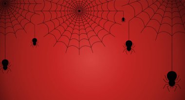 Örümcek Ağı 'ndan sarkan siyah örümcek fotokopi uzayı ile kırmızı arkaplanda. Cadılar Bayramı Konsepti. Pankart, poster, web sitesi, başlık, duvar kağıdı için tasarım. Vektör İllüstrasyonu
