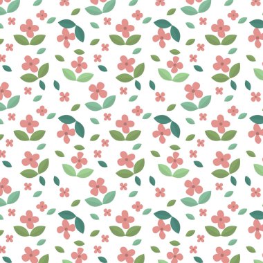 Sevimli çiçek desenli. Küçük pembe çiçekler ve yeşil yapraklar. Beyaz arka plan. Kumaş, moda, baskı, ürün, fayanslar, ambalaj, duvar kağıdı, giysi, ambalaj için tasarım. Vektör illüstrasyonu
