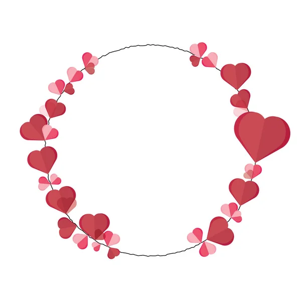 Kırmızı ve Pembe Yürekli Çelenk. Kağıt kalpler beyaz arka planda izole edilmiş. Sevgililer Günü, Anneler Günü, Babalar Günü. Kart, promosyon, sunum için tasarım şablonu. Vektör İllüstrasyonu