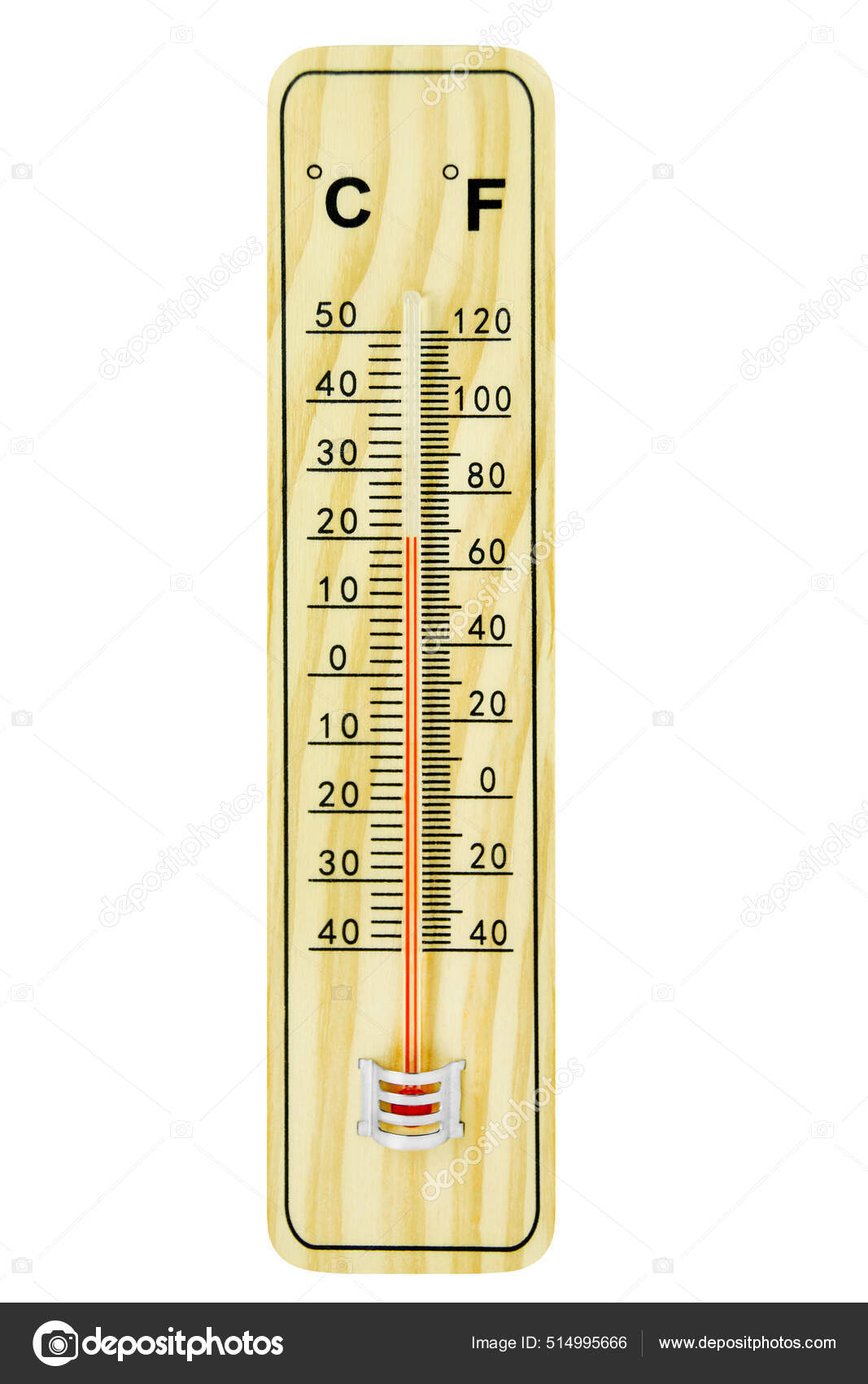 wooden celsius fahrenheit thermometer over white, Stock image