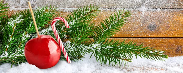 Christmas time red candied apple and candy cane with fir branches and snow on wooden background