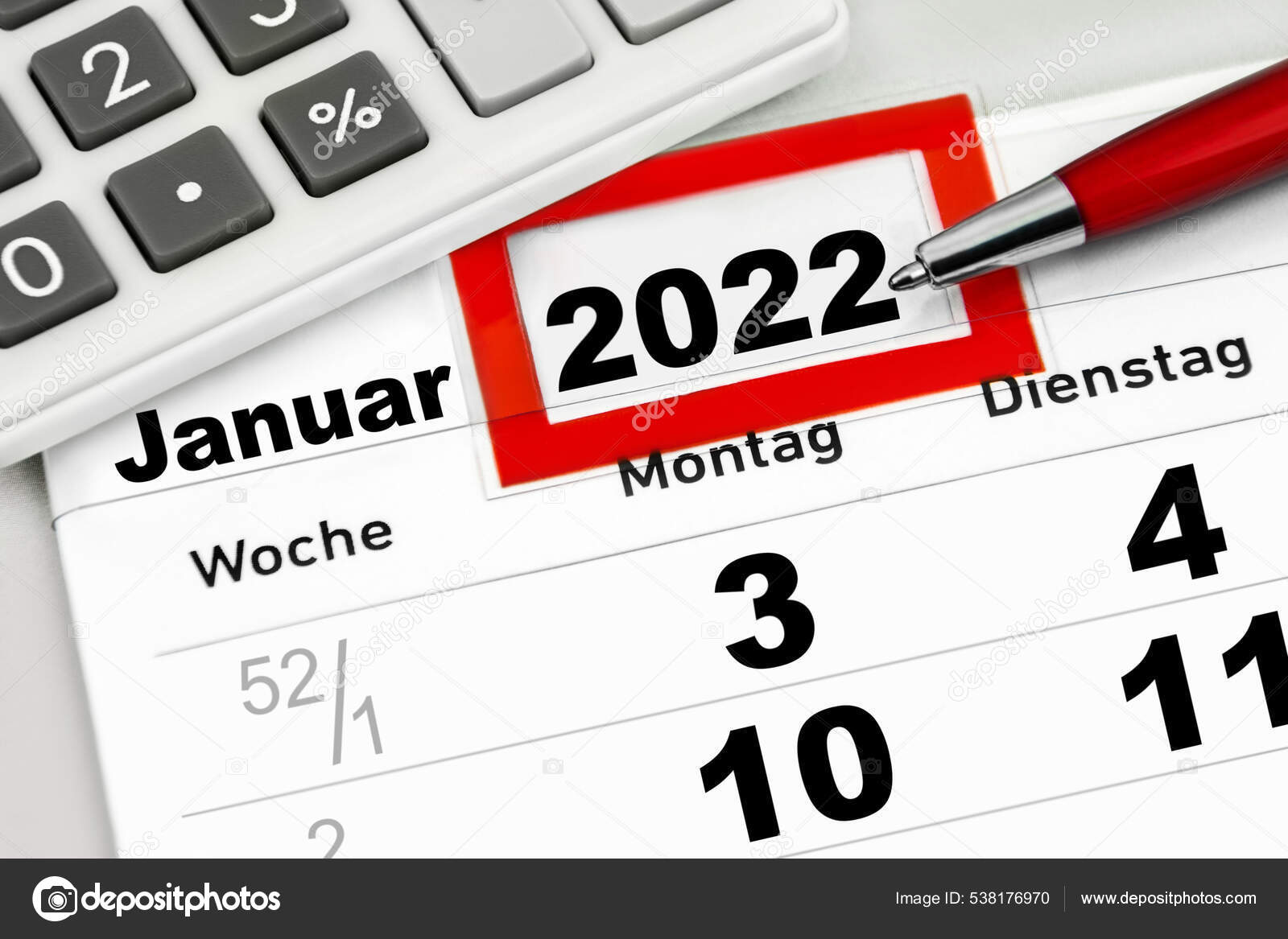 German Calendar 2022 January Calculator Monday Tuesday Wee Stock Photo by ©Photosg 538176970