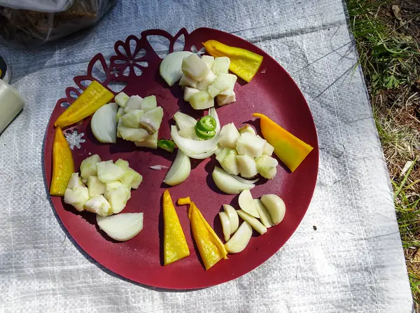 Outdoor Snack Dish Bacon Garlic Pepper Onion Picnic — Stock Photo, Image