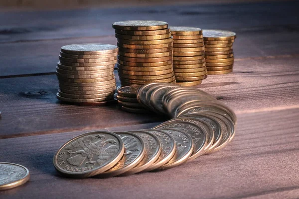 Stack Coins Dark Wooden Surface Russian Metallic Rubles — Stockfoto