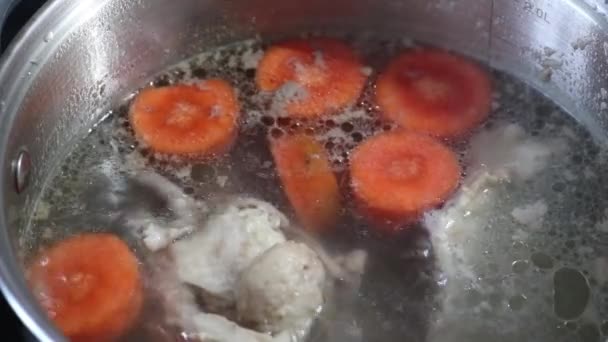 Chicken Bright Orange Carrot Broth Cooked Steel Saucepan — Stock Video