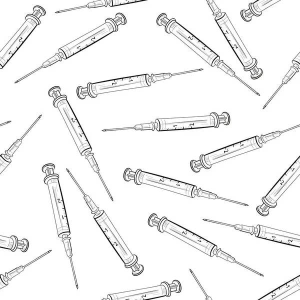 Syringe linear black and white vector seamless pattern illustration. — Stock Vector