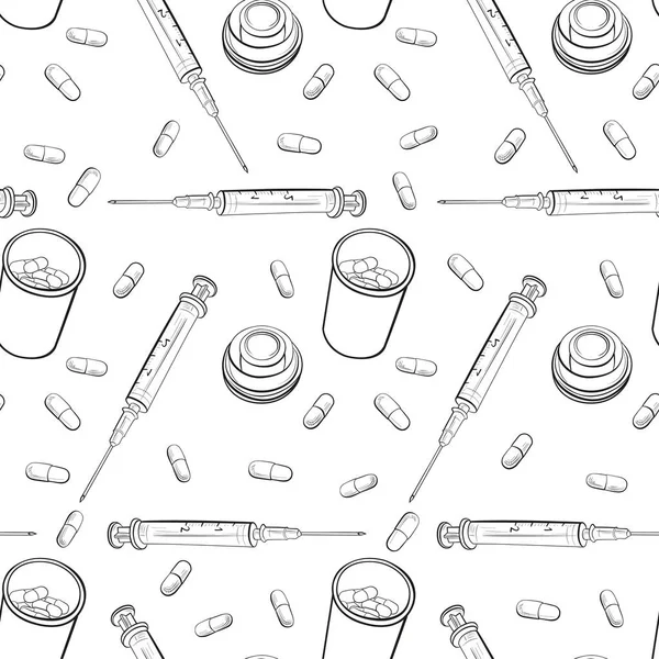 Syringe and pills linear black and white vector illustration. — Stock Vector