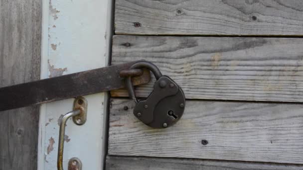 Vieille porte fermée sur un cadenas rouillé en métal à charnière vintage. Caméra statique. — Video