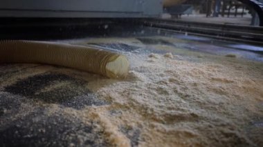 Yakın çekim temizleyicisi fabrika zemininde odun parçalarını temizliyor.