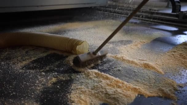 Καθαριστικό Σαρώνει Ξύλινα Τσιπ Στο Πάτωμα Του Εργοστασίου — Αρχείο Βίντεο