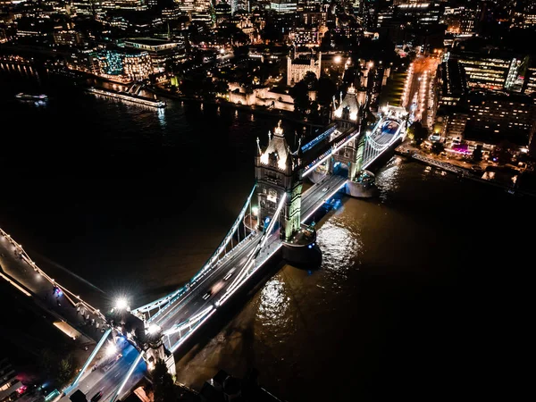 Aerial Drone View London Tower Bridge Night City Center River — Stockfoto