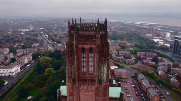 Liverpool Anglikanska Katedralen Historiska Nordvästra England Landmärke Antenn Drönare Video — Stockvideo