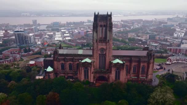 Liverpool Anglikanska Katedralen Historiska Nordvästra England Landmärke Antenn Drönare Video — Stockvideo