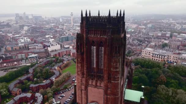 Liverpool Anglikán Katedrális Történelmi Északnyugat Angliai Mérföldkő Drón Videó — Stock videók