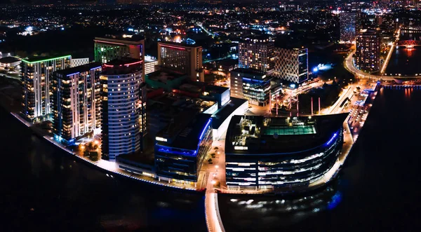 Vista Aérea Bonita Drone Cidade Manchester Reino Unido Noite — Fotografia de Stock