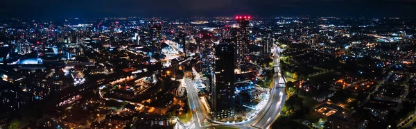 Vista Aérea Bonita Drone Cidade Manchester Reino Unido Noite Arranha — Fotografia de Stock