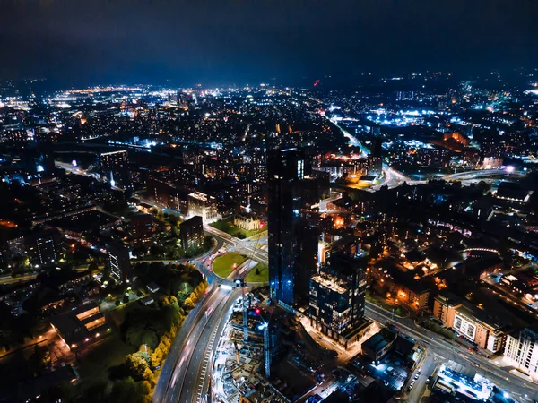 Vista Aérea Bonita Drone Cidade Manchester Reino Unido Noite Arranha — Fotografia de Stock