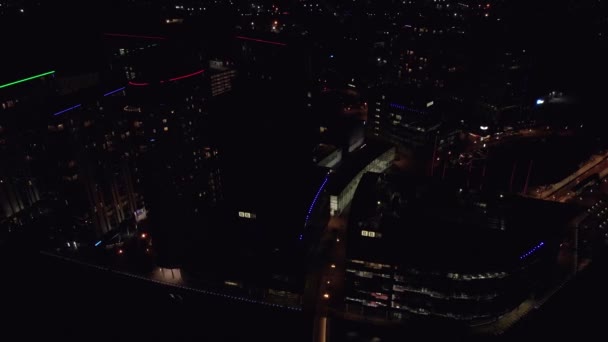 Aerial Drone Shot Manchester Regno Unito Notte Media City Sulle — Video Stock