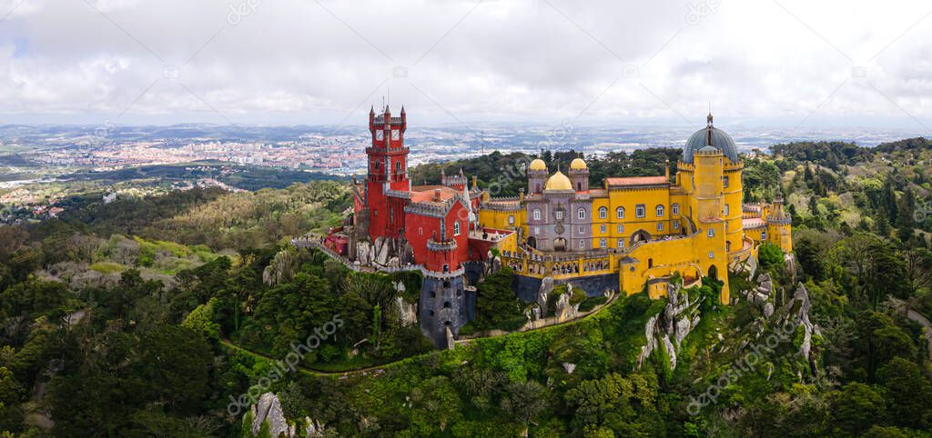 National Palace of Pena, Sintra region, Lisbon. Aerial drone panorama of Famous place in Portugal